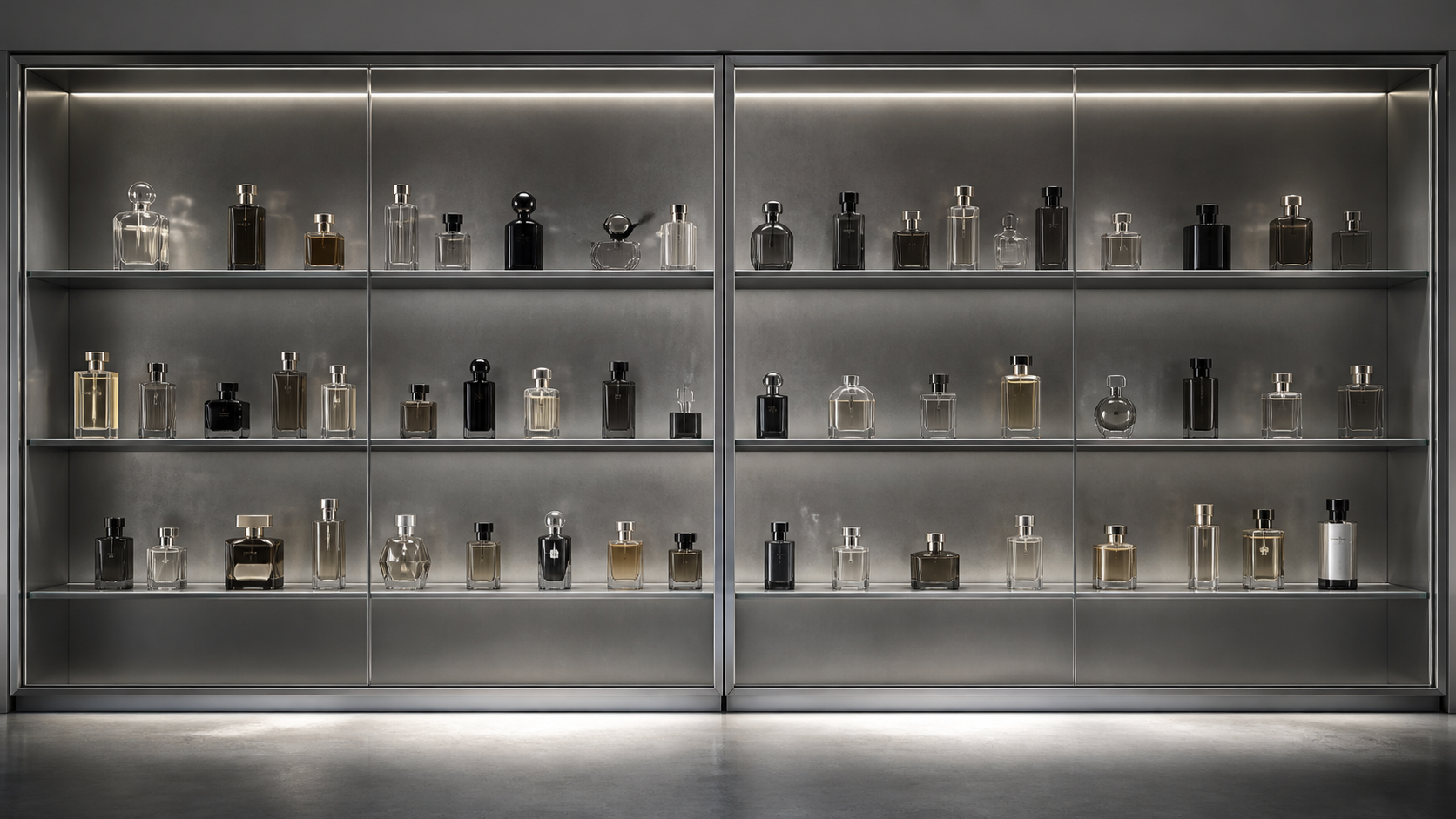 A softly lit glass perfume cabinet