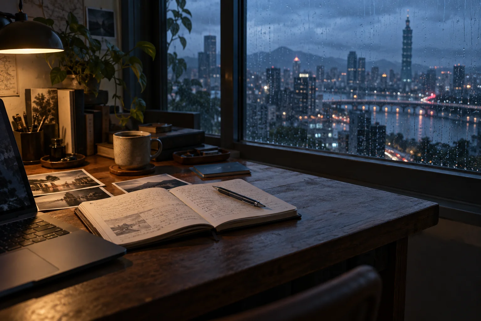 雨天窗邊的筆記本與書桌，AI 生成示意圖